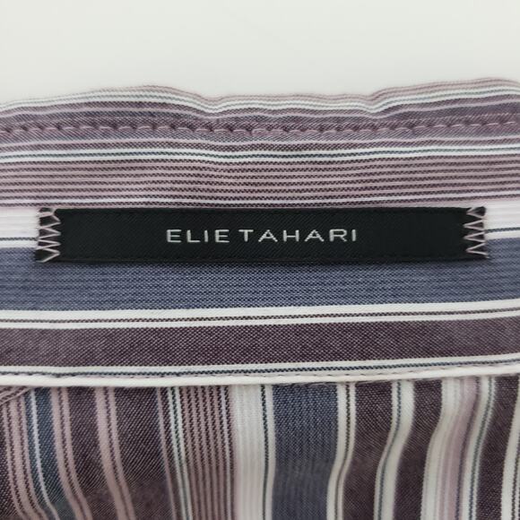 Elie Tahari Blouse Ruffled Front Cuffs S Button down Purple Multicolor Striped - Picture 11 of 12